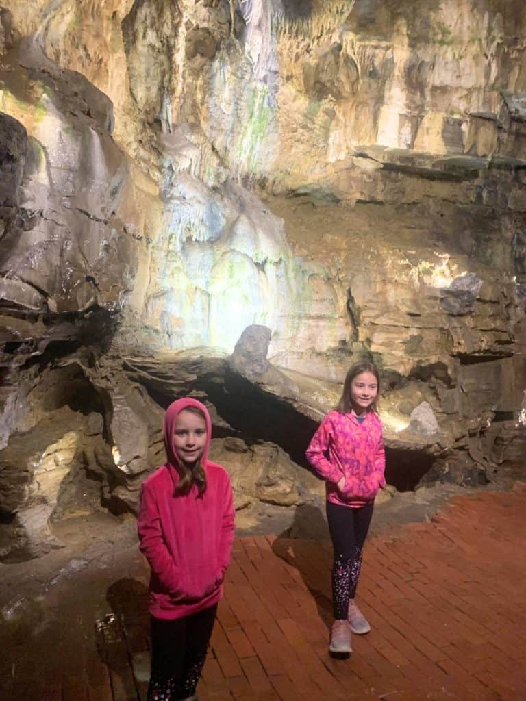 Two girls in pink sweatshirts at a lit up underground cave called Howe Caverns with a rock wall behind them.