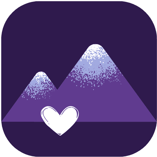 A dark purple background with two lighter purple mountains with white snow on top and a purple heart in front of them.