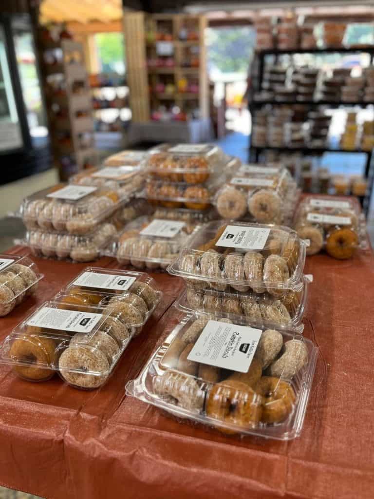 Donuts for sale in the Fall that would be sold at an Apple Festival in NY. A table with clear boxes of powdered and glazed donuts.