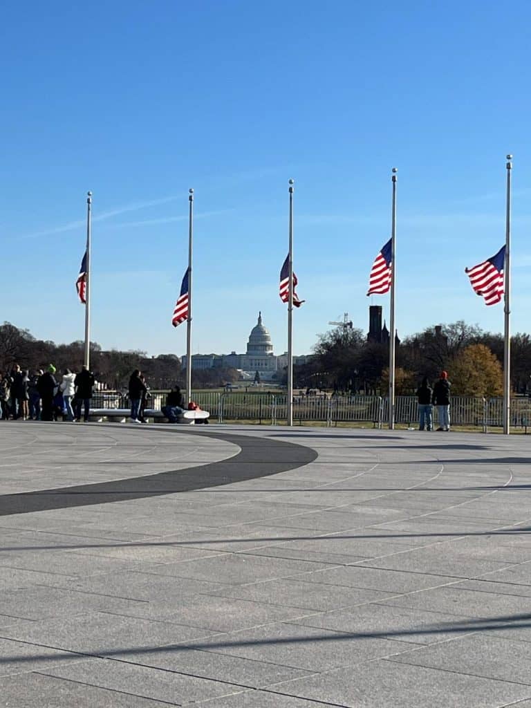 An image of the Capitol Building in Washington DC amid a circle of American flags blowing in the breeze, with people looking at it from a cement platform below the Washington Monument.
