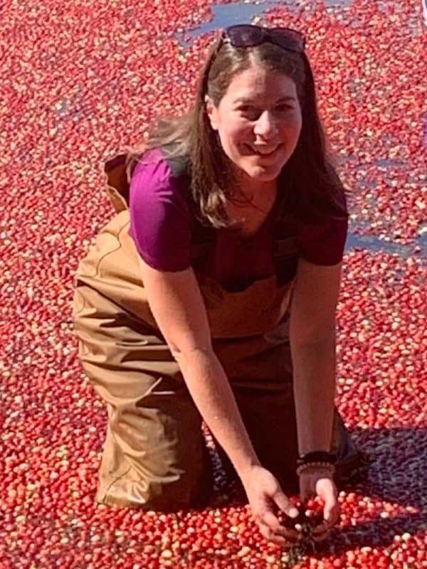 A picture of Amanda Cave Jackson, a brunette woman smiling in waders is standing in a flooded cranberry bog with a handful of cranberries in the Northeast.